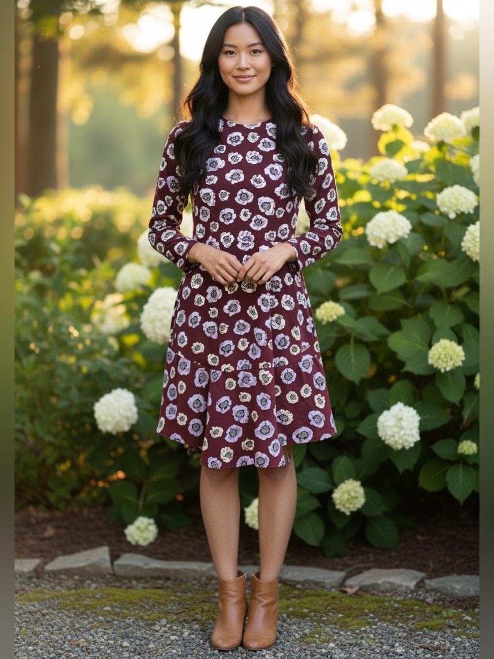 Ann Taylor Loft “Moody” Floral Flounce Dress in Forbidden Cherry